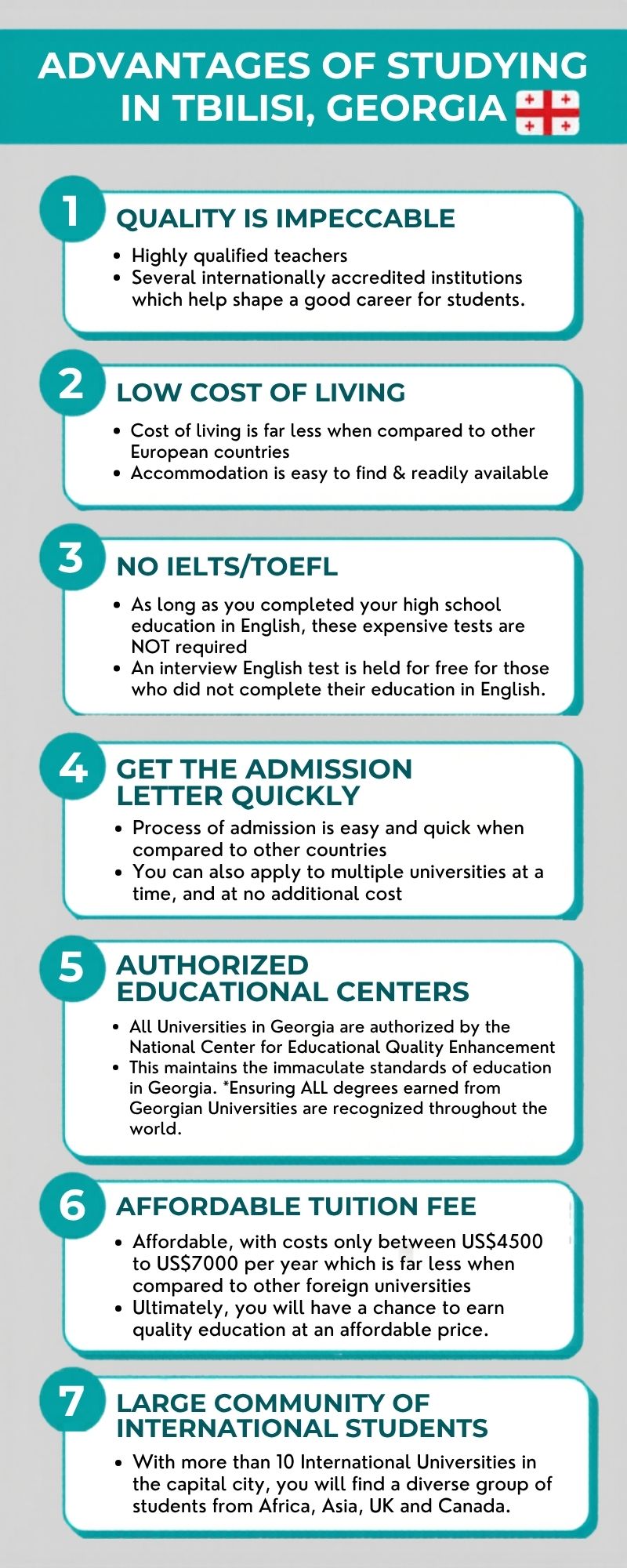 Advantages of Studying in Georgia
Low Cost of living
NO IELTS/TOEFL
Affordable
Quick Admission
Accredited programs